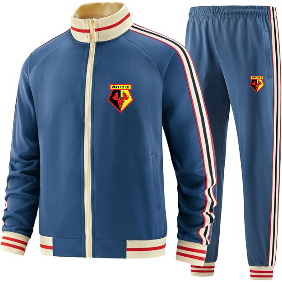 Men's Watford Soccer  Tracksuit with Bold Striped Accents and Zippered Front